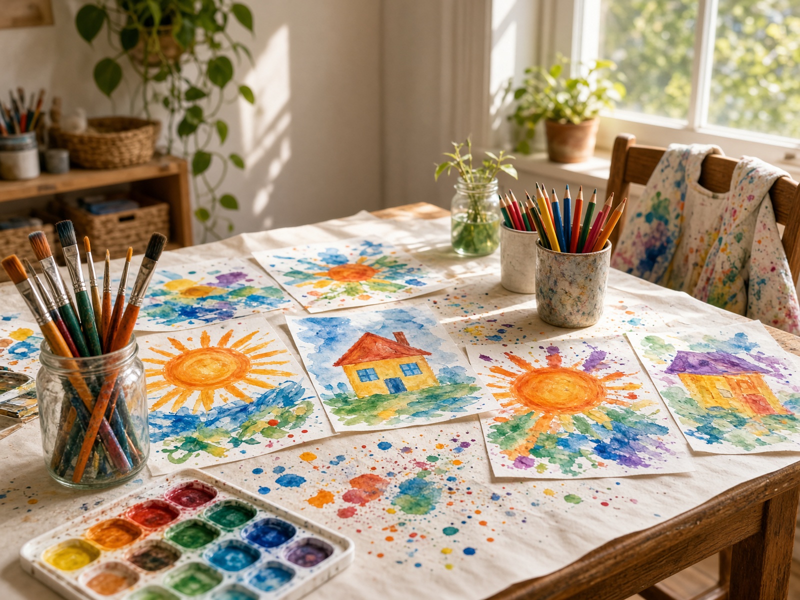 Art table with paints, brushes, and sun paintings.